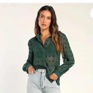 Lulus Emerald Green Spotted Sheer Button Down Blouses 💚